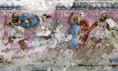 Schlacht zwischen Griechen und Amazonen, Detail von der Seite des Amazonensarkophags, Tarquinia, 4. Jahrhundert v. Chr.